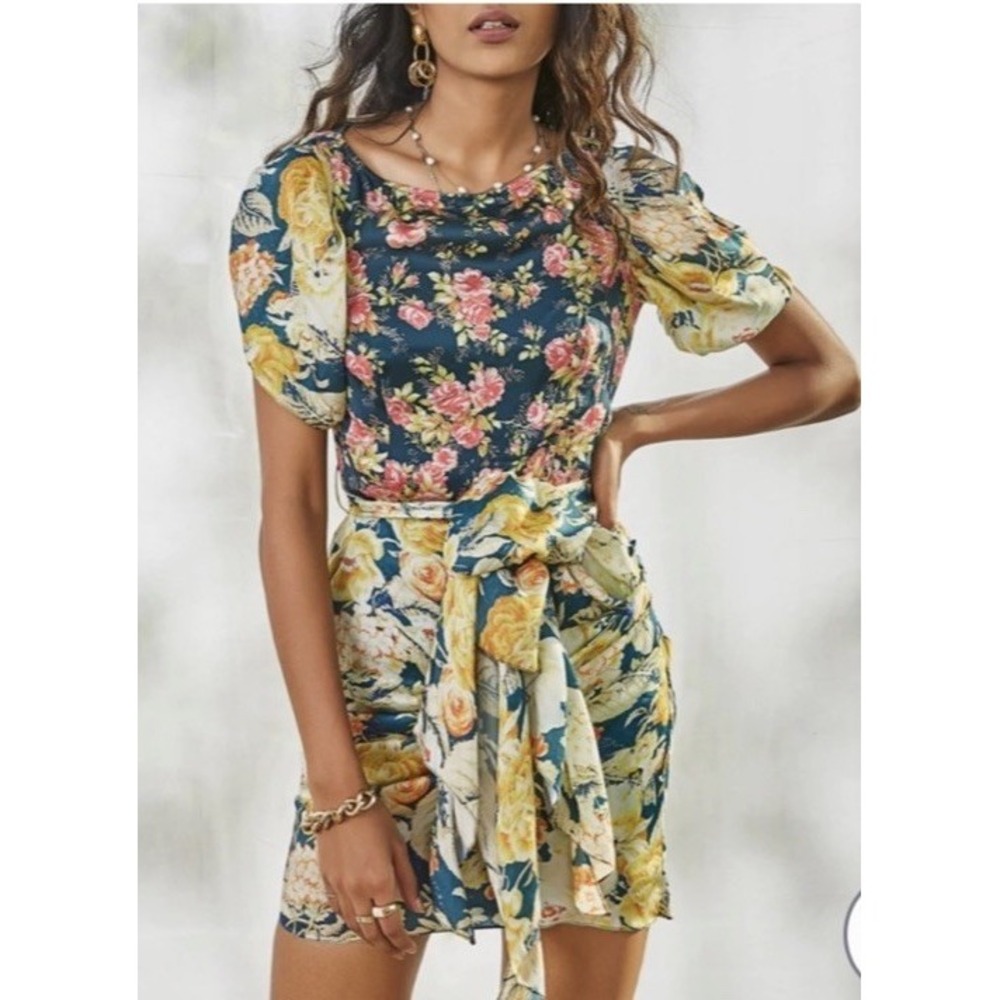 Hemant and Nandita Della Mini Dress Floral Womens Size‎ XS Satin Waist Tie